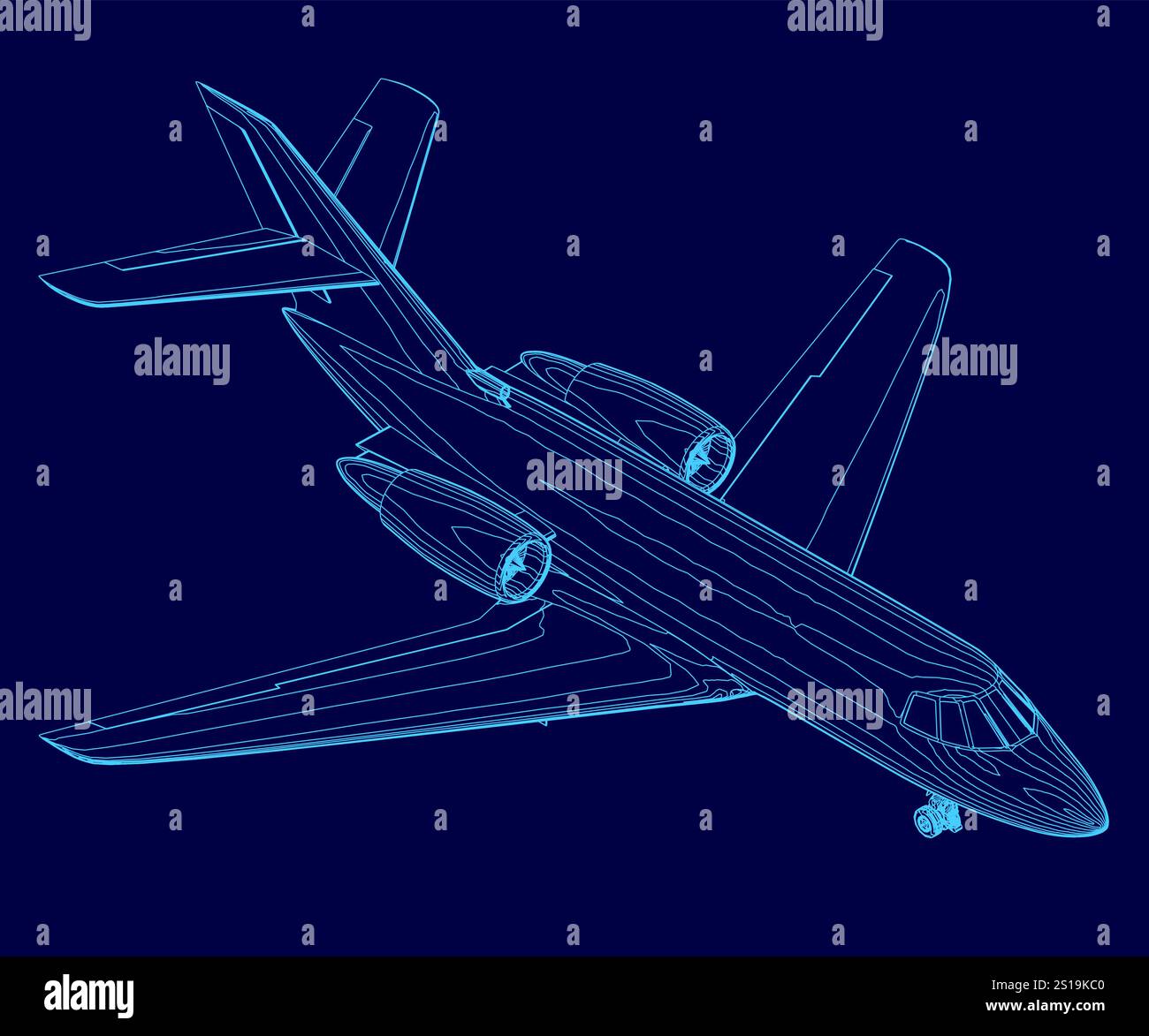 Blaues Flugzeug wird auf blauem Hintergrund angezeigt. Das Flugzeug ist ein Jetliner und wird stilisiert dargestellt Stock Vektor