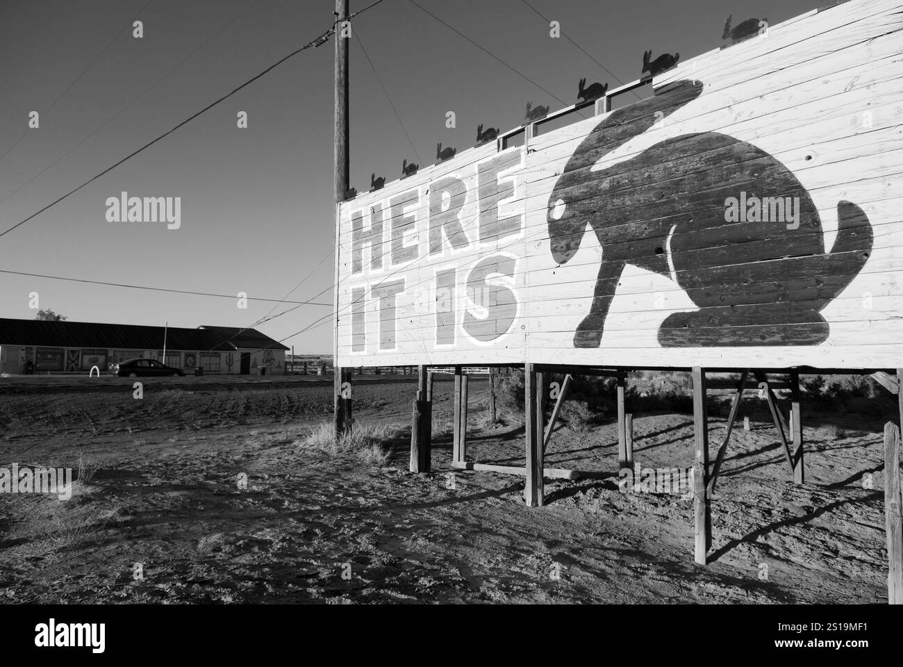 Ikonisches Jack Rabbit Trading Post-Schild mit einer riesigen Jackrabbit-Grafik in Joseph City, Arizona, USA, entlang der historischen Route 66. Stockfoto