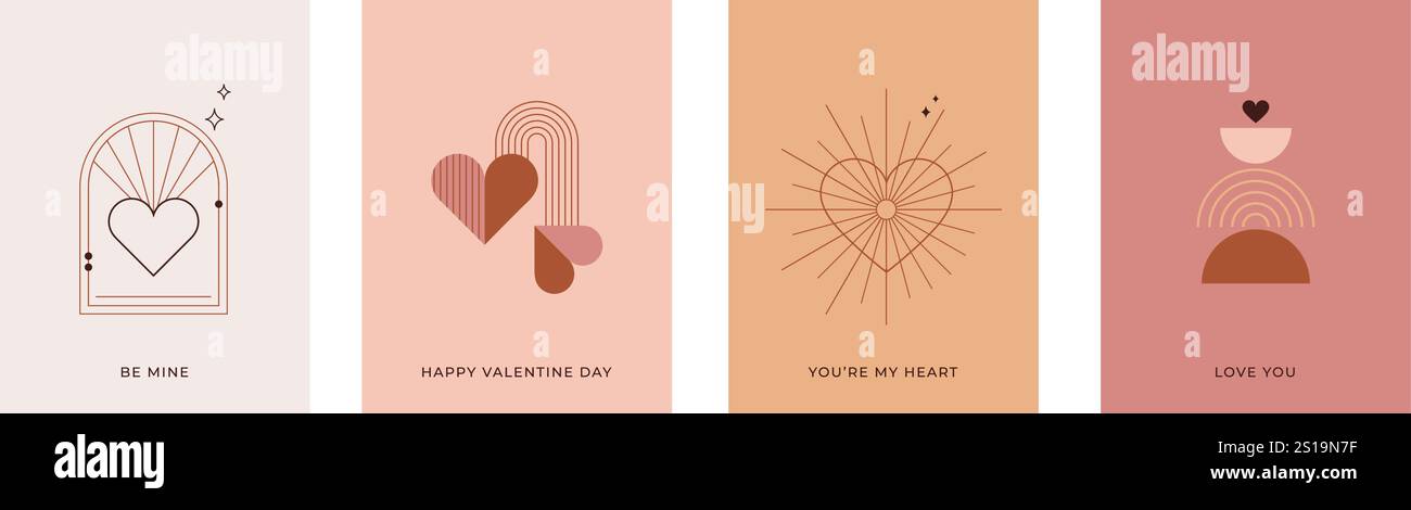 Minimalistische böhmische Valentinstag-Grußkarten, Wandbilder. Herz, Lippen, Sonne und Regenbogen, Designvorlagen, geometrische abstrakte Designelemente Stock Vektor