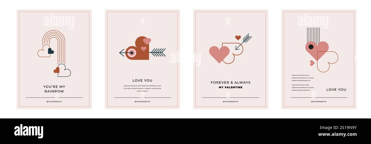 Minimalistische böhmische Valentinstag-Grußkarten, Wandbilder. Herz, Lippen, Sonne und Regenbogen, Designvorlagen, geometrische abstrakte Designelemente Stock Vektor