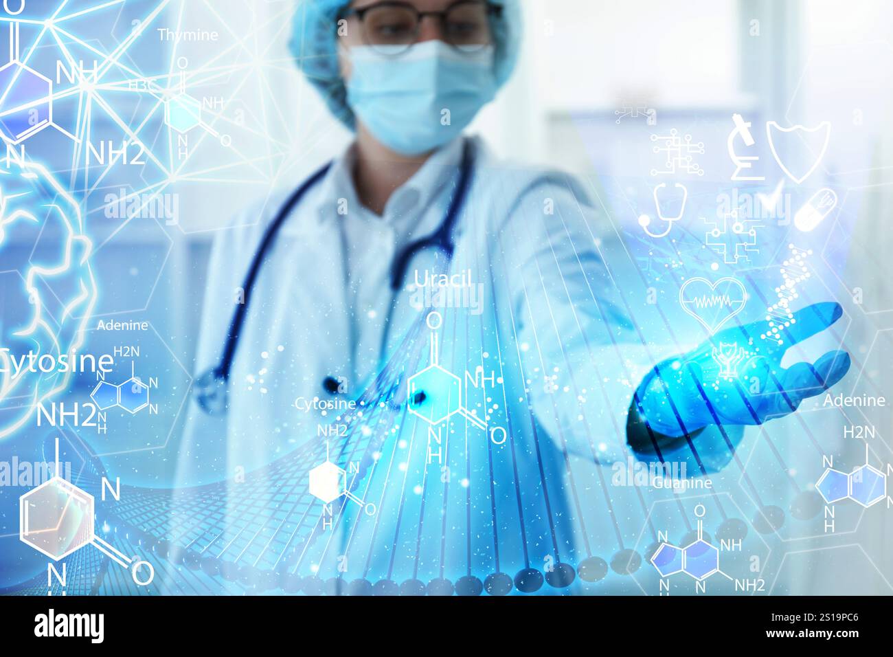 Medizintechnik. Arzt in der Klinik. Verschiedene Elemente des digitalen Gesundheitswesens Stockfoto Medizintechnik. Arzt in der Klinik. Verschiedene Elemente des digitalen Gesundheitswesens Stockfoto