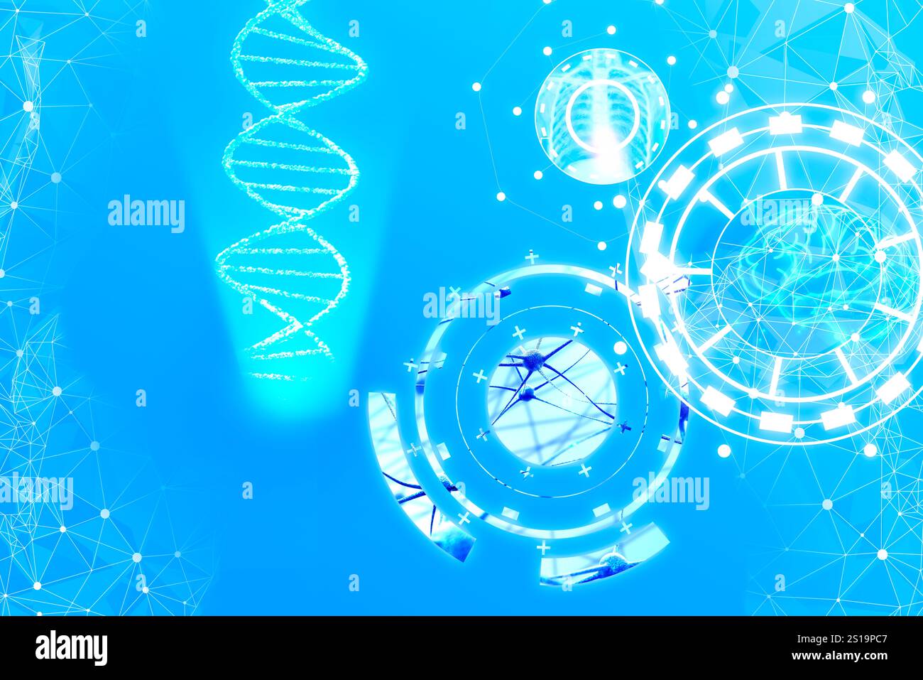 Medizintechnik. DNA, neuronales Netzwerk, Röntgenbild des menschlichen Skeletts und Gehirn auf blauem Hintergrund, Illustration Stockfoto