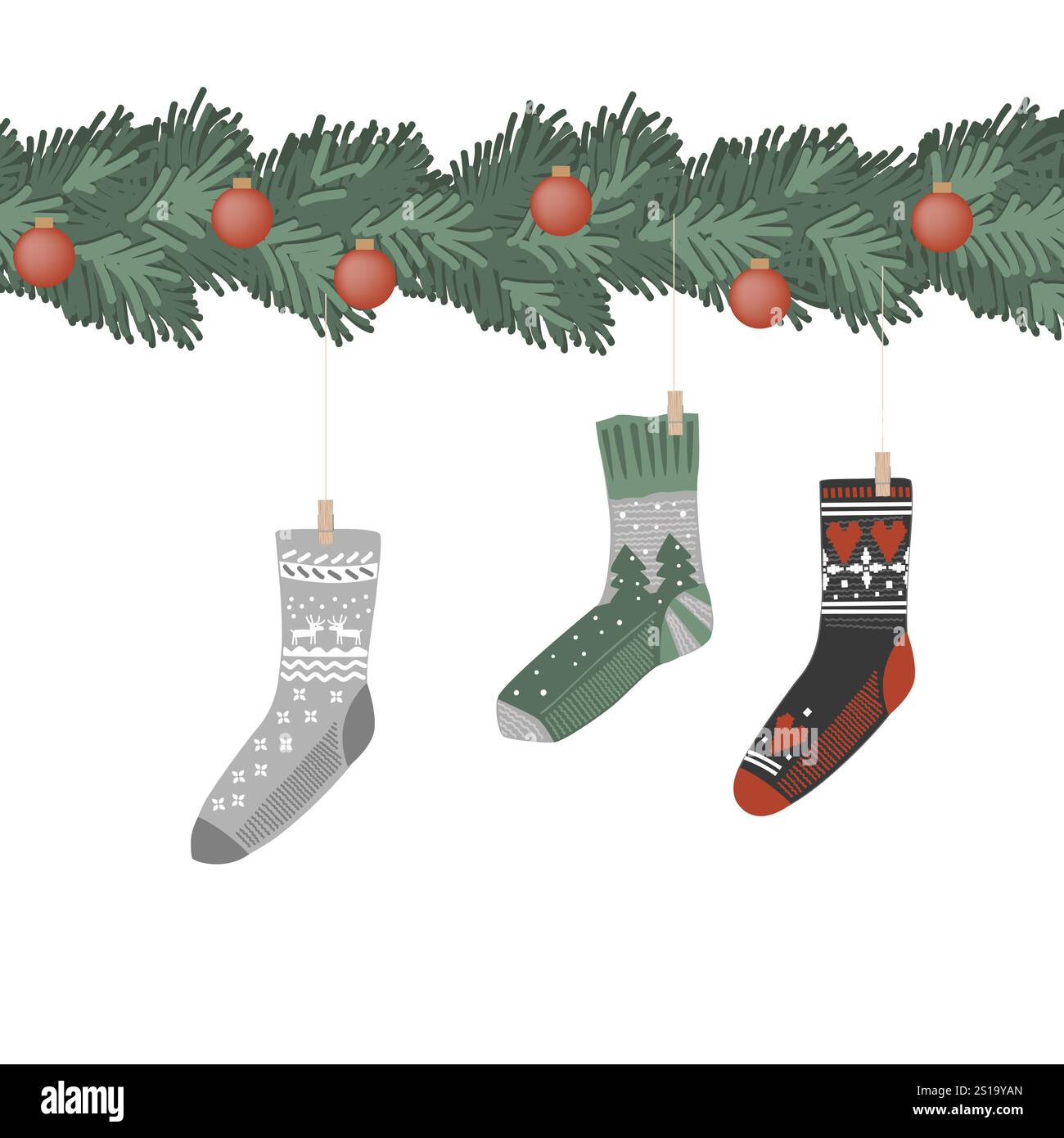 Weihnachtstannengirlande mit gemütlichen Socken und roten Kugeln. Rand für Karten und Weihnachtsdekor, Vektor-Illustration. Stock Vektor