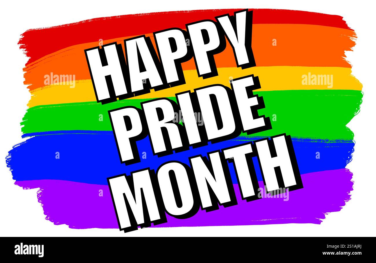 Happy Pride Month Illustration mit Regenbogenhintergrund eine weiße Schrift, isoliert auf weißem Hintergrund Stockfoto