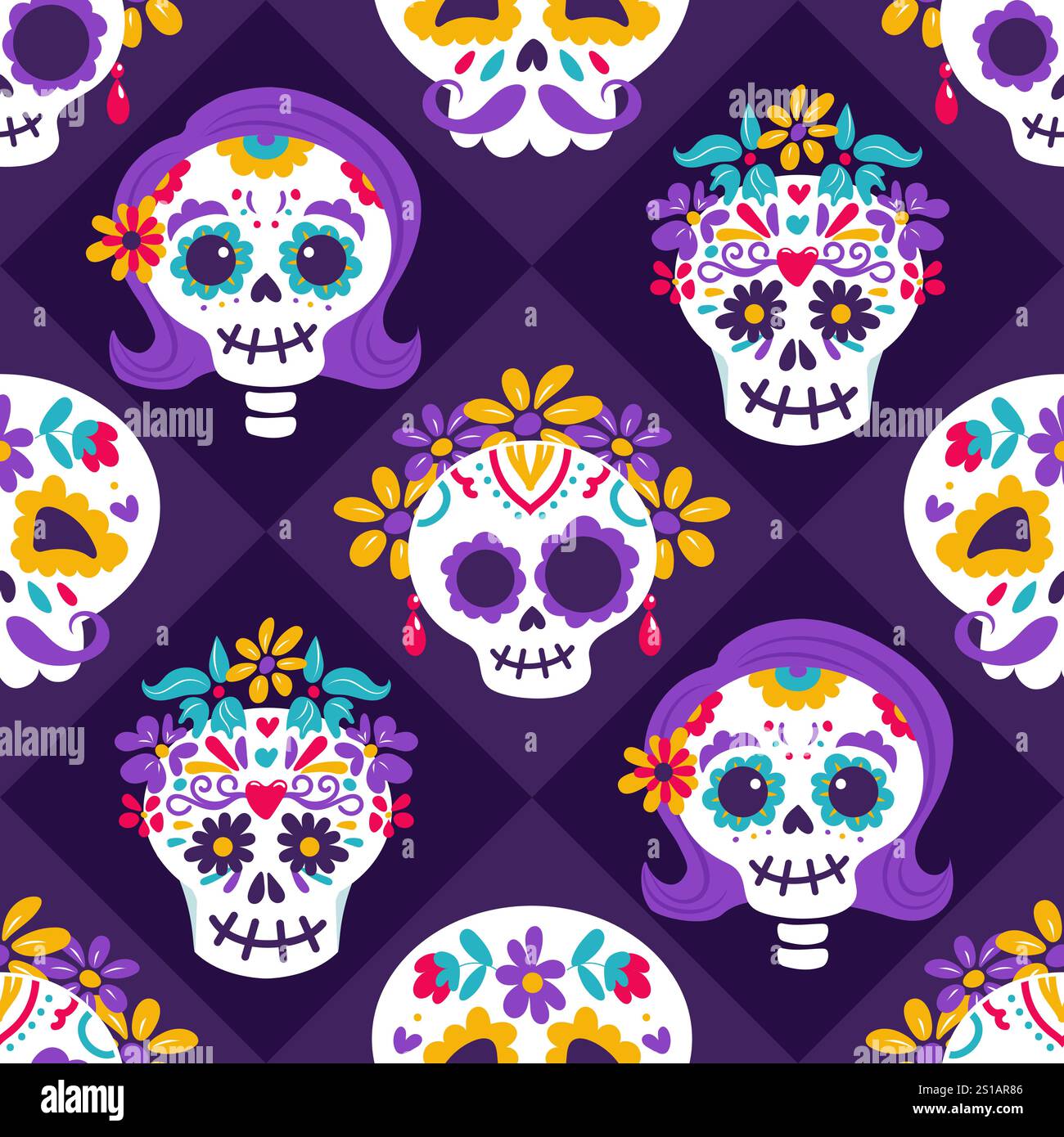 Tag der Toten. Dia de Muertos. Eine Reihe festlicher Schädel mit Blumen und Zeichnungen. Ohrringe, Kranz, Schnurrbart. Catrina, der Garbancera-Skul Stock Vektor