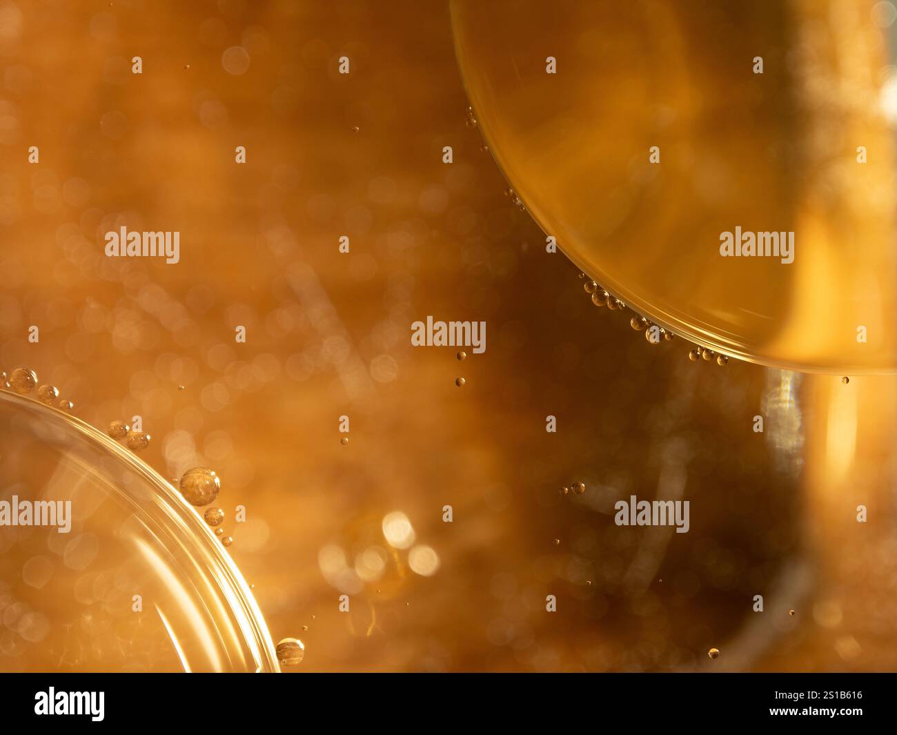 Abstrakter, organischer Hintergrund mit Blasen auf einem Gold-orangen Hintergrund. Lichtreflexionen, geringe Schärfentiefe, Platz für Text. Stockfoto