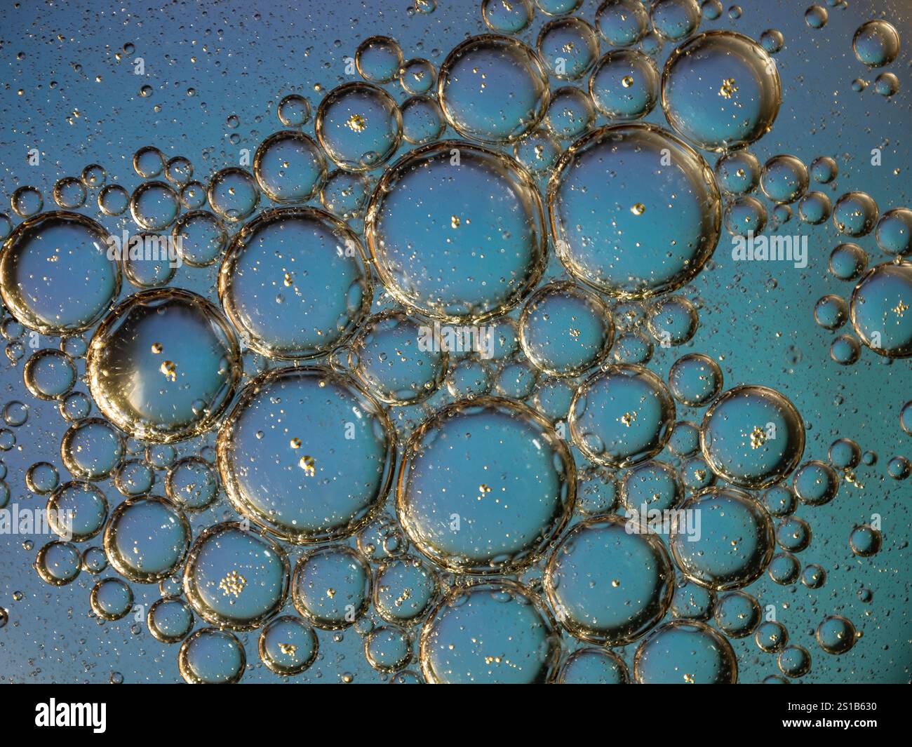 Visuelle Darstellung von Ölblasen, die auf blauem Flüssigkeitshintergrund schweben. Ideal für Wissenschaft, Natur oder abstrakte Konzepte. Stockfoto