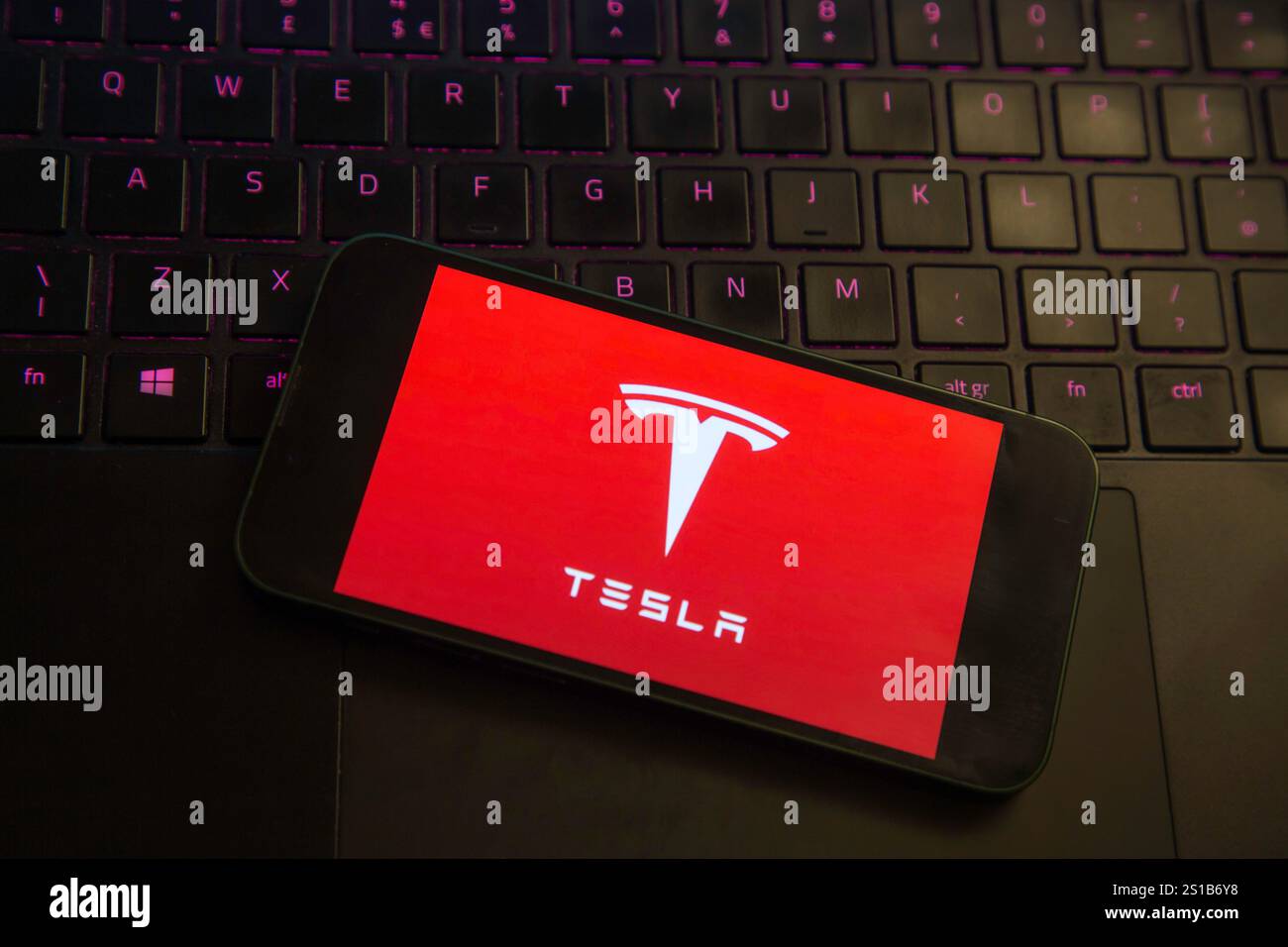 Tesla Logo und Testla Mobile App auf einem iphone Stockfoto