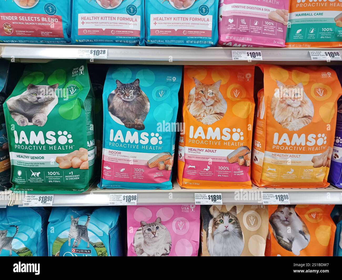 Houston, Texas, USA 12-01-2024: IAMS Trockenfutter für Katzen, Trockenfutter, Trockenfutter, Trockenbeutel, Supermarktregel. Stockfoto