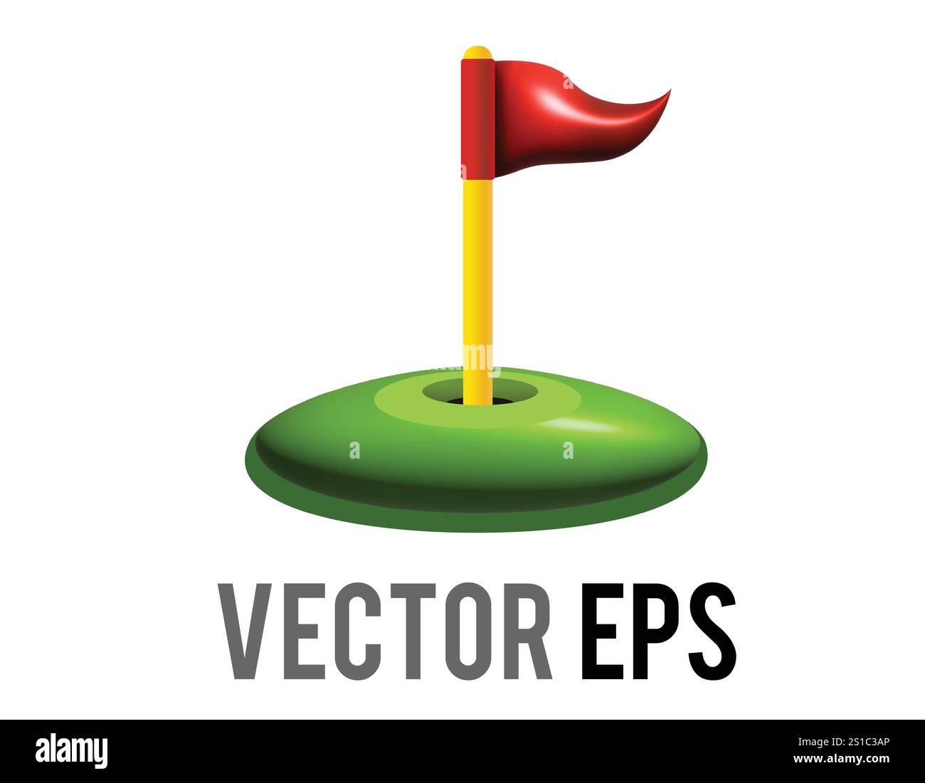 Die isolierte rote dreieckige 3D-Golffahne und das Loch-Symbol mit grünem Feld Stock Vektor