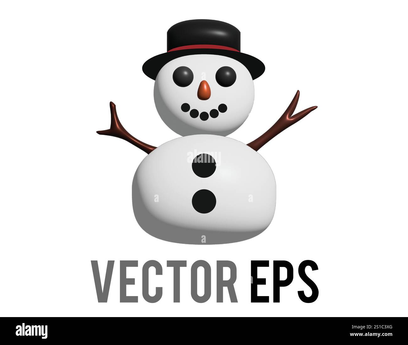 Der isolierte 3D-Klassiker Schneemann aus zwei großen Schneeballsymbolen mit Schneeflocken, Stabarmen und Top-Hut Stock Vektor