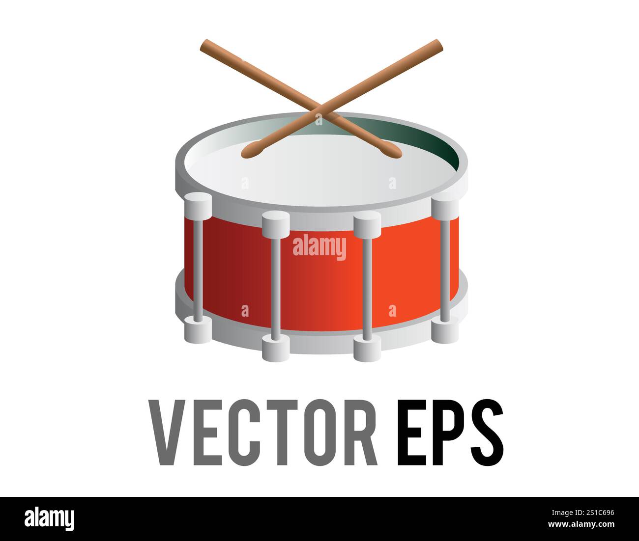Das isolierte rote Trommelverlaufssymbol mit Drumsticks, ein Schlaginstrument, das wahrscheinlich als Snare Drum angezeigt wird. Stock Vektor