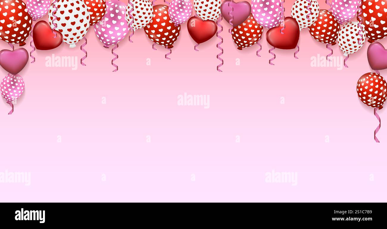 Valentinstag. Rote, rosa Ballons, Ballons in Herzform. Horizontale Vorlage. Vektorillustration isoliert auf rosa-weißem Hintergrund Stock Vektor