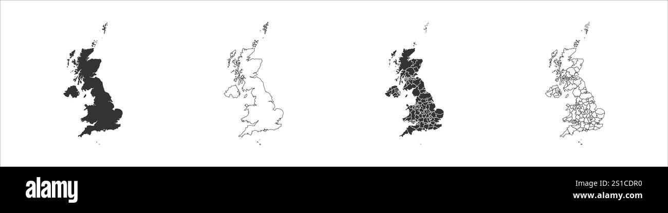 Vereinigtes Königreich Großbritannien und Nordirland Satz von drei Karten – Vollkarte, Umrisskarte und Karte mit den Verwaltungsbereichen. Drei unterschiedliche Karten zeigen verschiedene Darstellungen eines geografischen Gebiets. Stock Vektor
