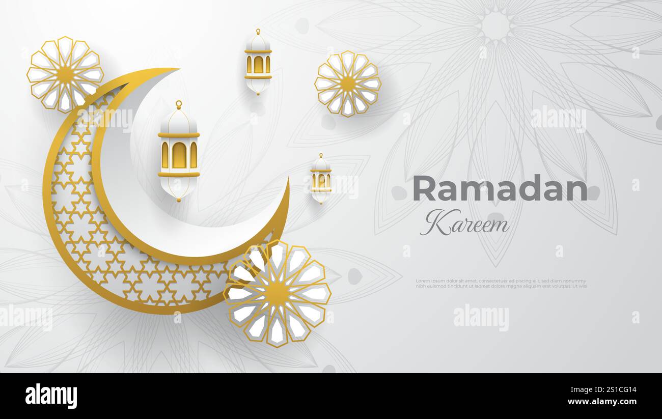 ramadan kareem-Poster mit Halbmond, Laterne und Mandala in weiß und Gold Stock Vektor