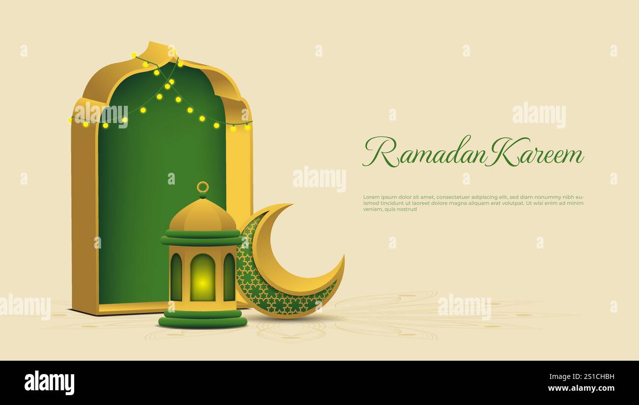 Ramadan Kareem Hintergrund mit 3D-Halbmond, Tor und Laterne in Grün und Gold. islamische Vektorillustration Stock Vektor