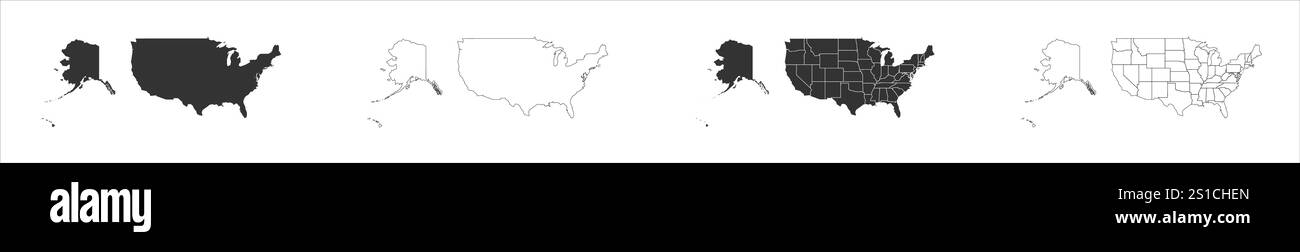 Drei Karten der Vereinigten Staaten von Amerika: Vollkarte, Umrisskarte und Karte mit den administrativen Abteilungen. Drei unterschiedliche Karten zeigen verschiedene Darstellungen eines geografischen Gebiets. Stock Vektor