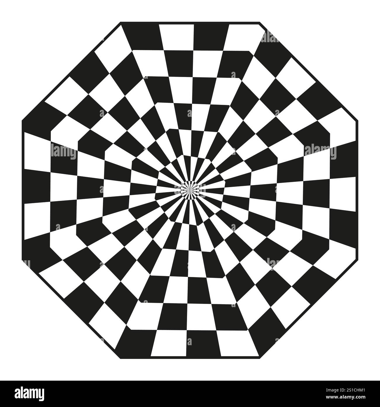 Schwarz-weißes Schachbrett. Optischer Illusionsvektor. Kariertes Spiralmuster. Geometrischer abstrakter Hintergrund. Stock Vektor