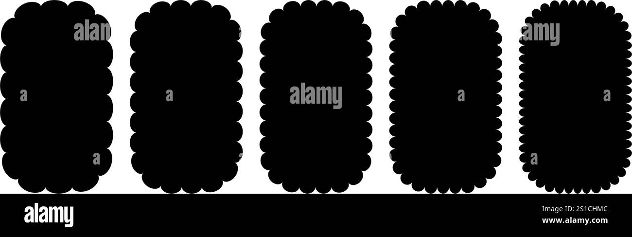 Kollektion mit abgerundetem Rahmen mit Wellenrand. Gezacktes Randelement mit Raupenrand. Schwarz gewellte grafische Designvorlagen für Dekoration, Banner, Poster, Vorlage, Aufkleber, Abzeichen. Vector Vintage Bundle Stock Vektor