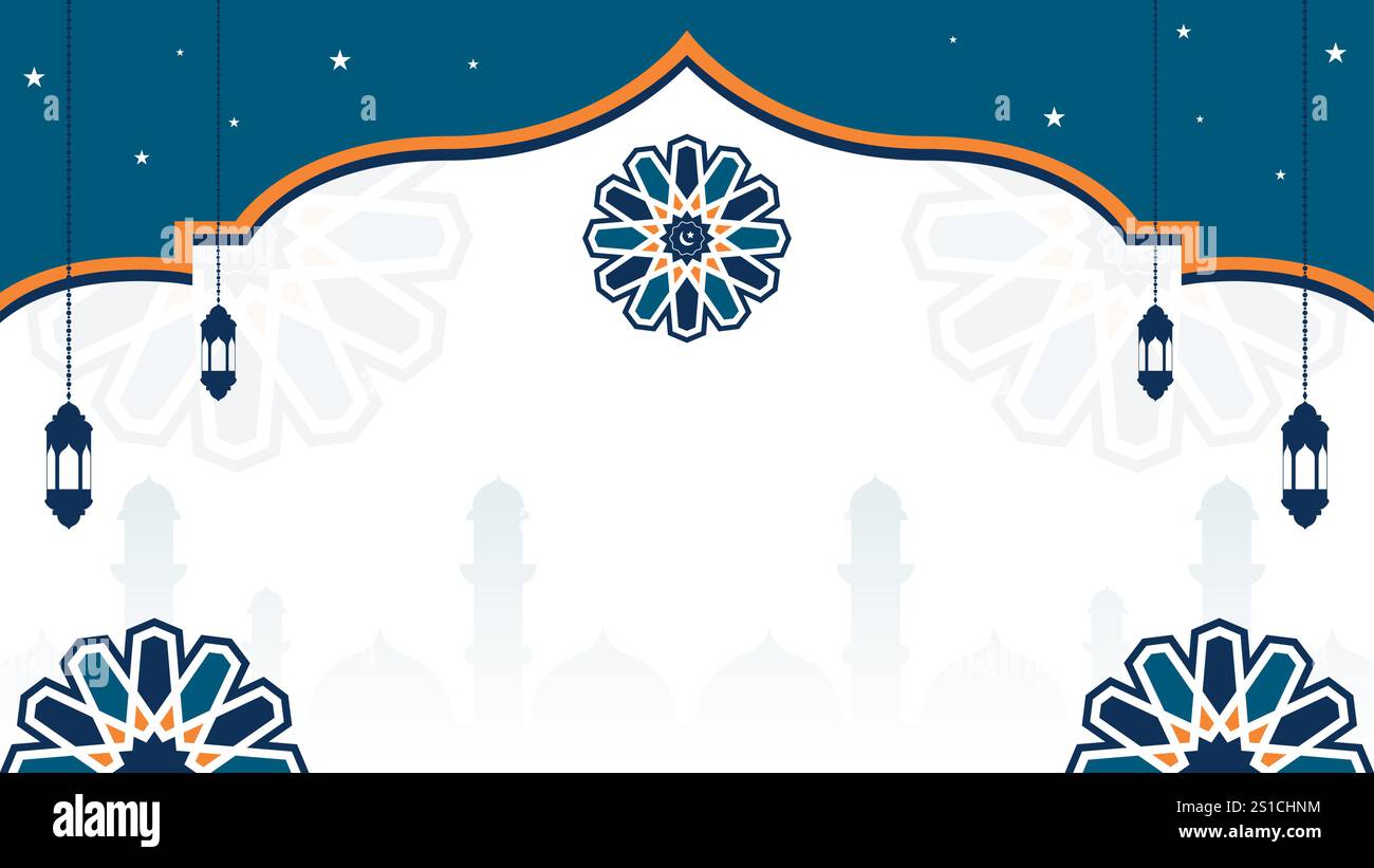 Flacher islamischer Hintergrund in Blau und Orange mit Laterne, Mandala und Platz für Text Stock Vektor