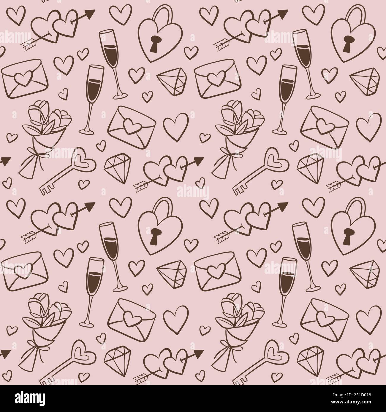 Niedliches, handgezeichnetes nahtloses Valentinstag-Muster im Doodle-Stil, perfekt für Drucke und dekorative Gegenstände. Isolierte Elemente. Vektorabbildung. Stock Vektor