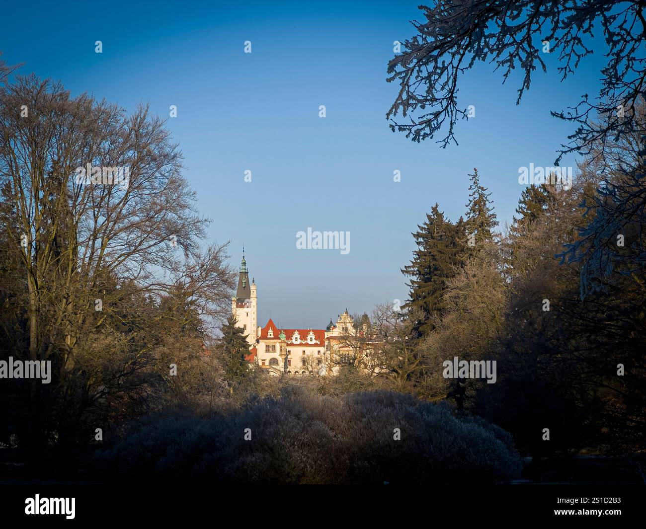 Die Winterlandschaft ohne Schnee des Schlosses Pruhonice im Park Pruhonice am Stadtrand von Prag, Tschechische Republik, 31. Dezember 2024. (CTK Photo/Libor S Stockfoto