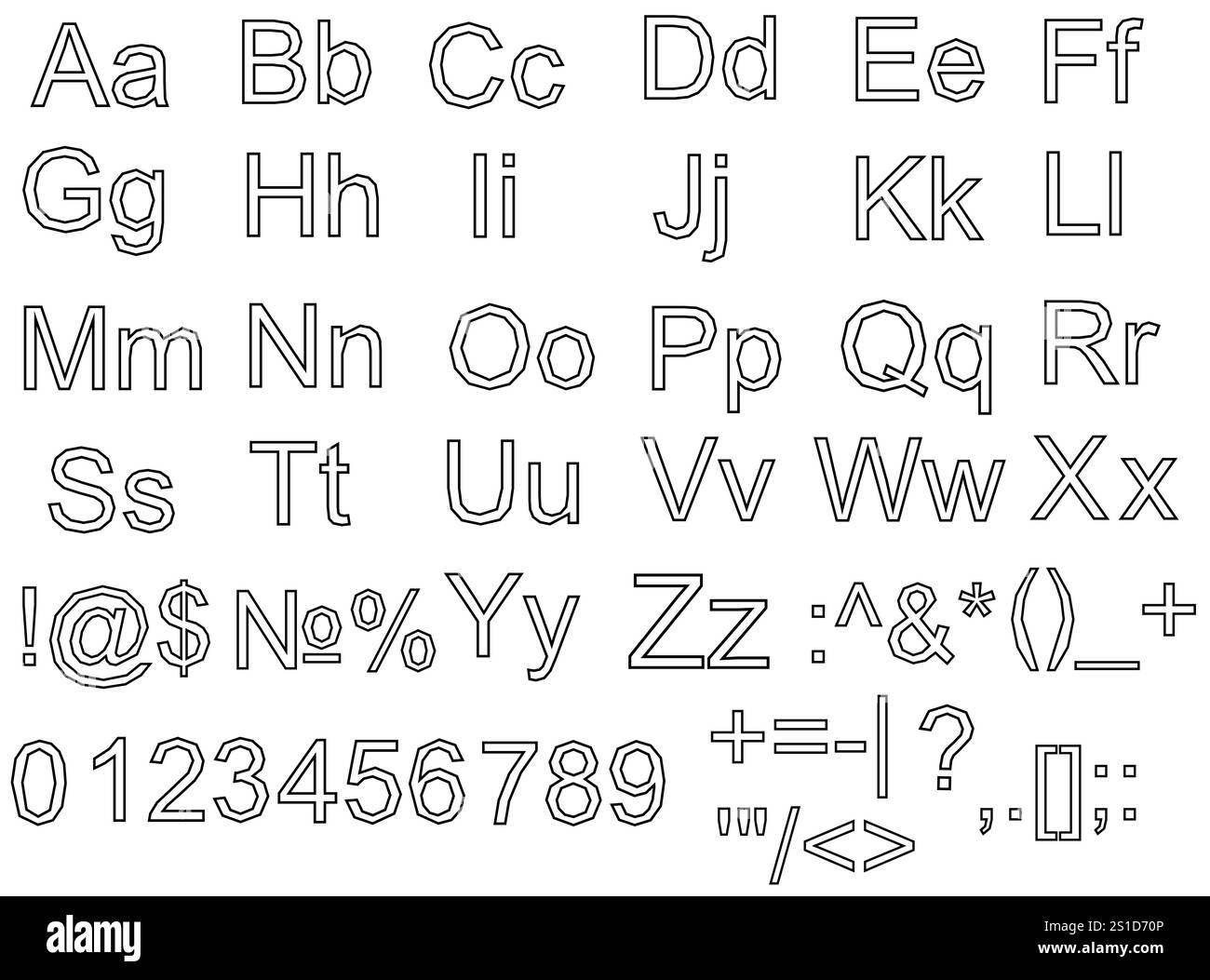 Das Alphabet wird in einem Schwarzweißbild angezeigt. Die Buchstaben sind in Zeilen und Spalten angeordnet, wobei jeder Buchstabe einen anderen Platz beansprucht Stock Vektor