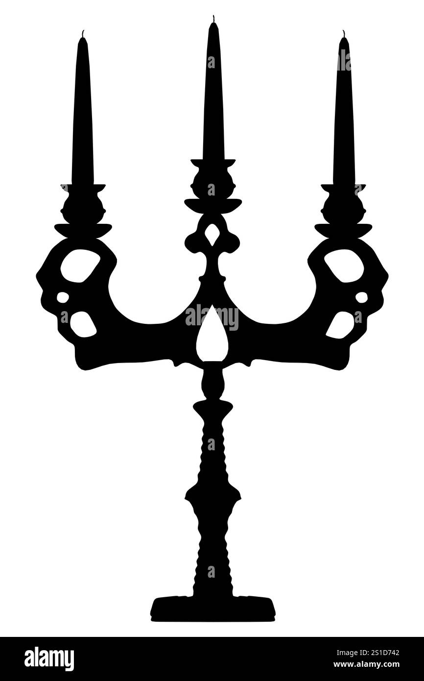 Schwarzer Kerzenhalter mit drei Kerzen. Die Kerzen werden angezündet und der Halter ist hoch Stock Vektor