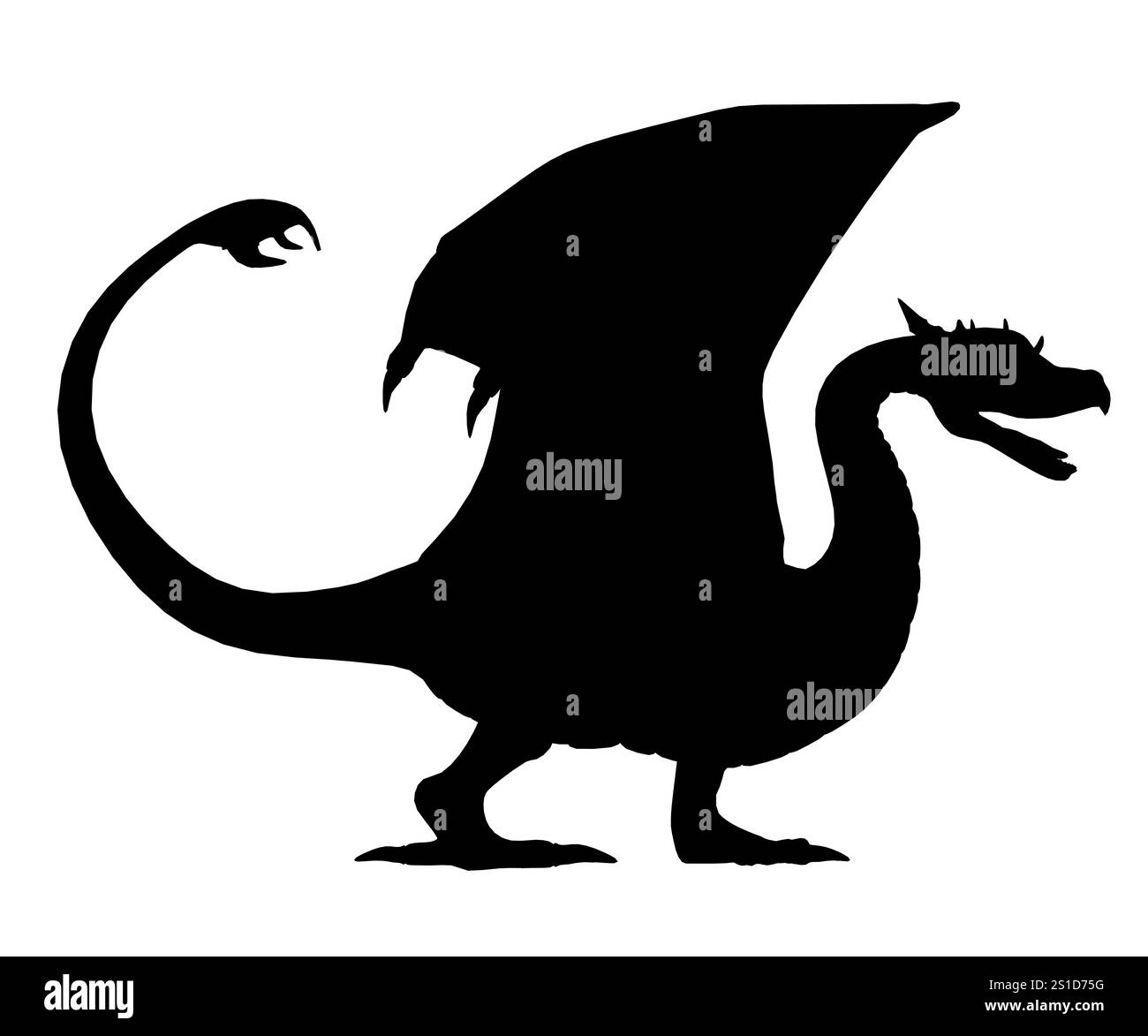 Schwarzer Drache mit langem Schwanz und Flügeln. Der Drache steht auf weißem Hintergrund. Vorstellung von Geheimnis und Macht, wie der Drache als Fo dargestellt wird Stock Vektor