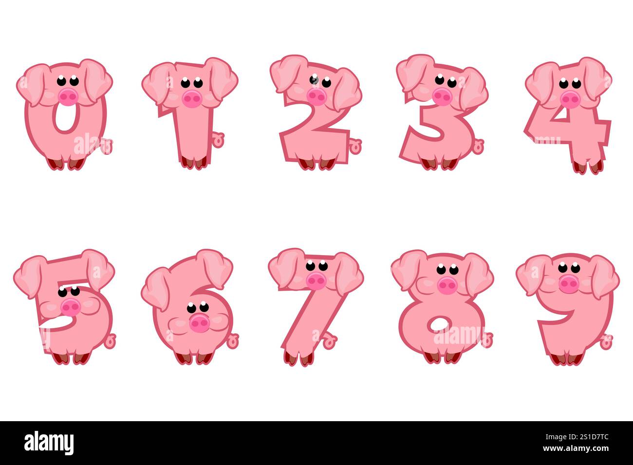 Cartoon-Nummern wie Schweine von 0 bis 9. Niedliche Schweineziffern-Illustration für Geburtstagsfeier. Kalligrafie, Schriften, Typografie für Ihre Bildungskarten Stock Vektor