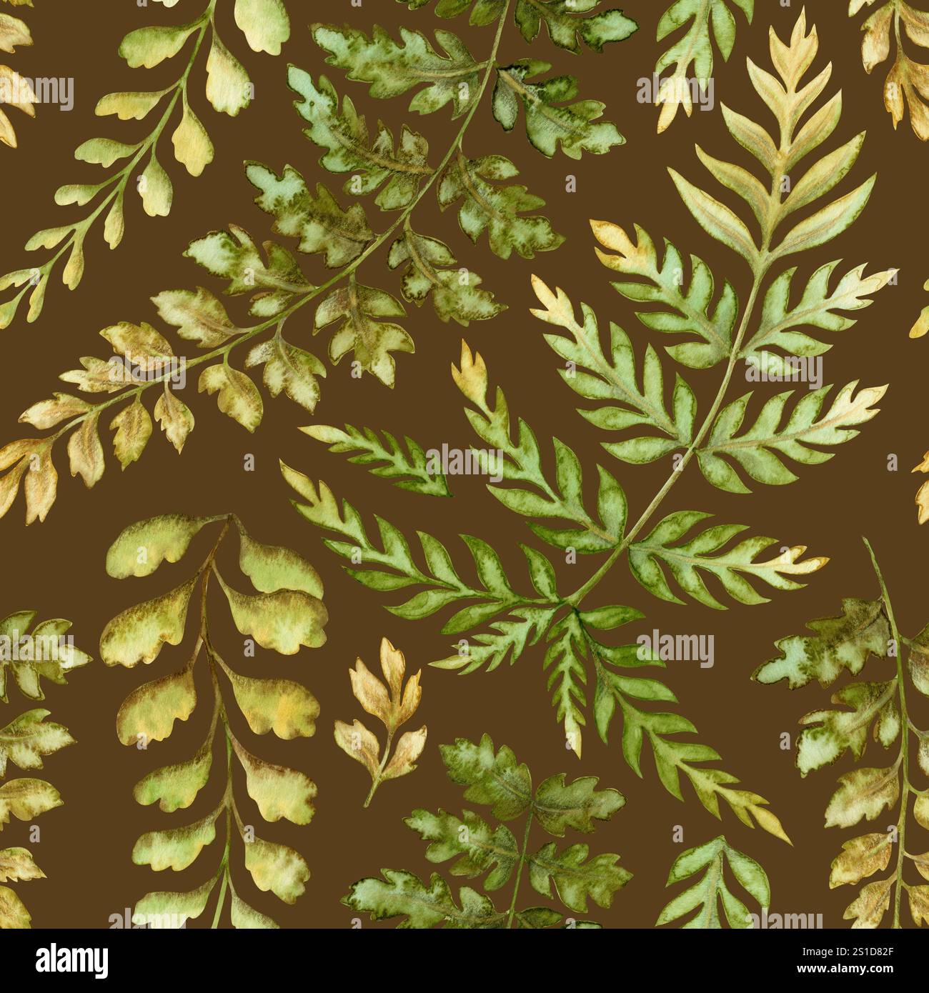 Farn hinterlässt ein nahtloses Muster auf braunem Hintergrund. Handgezeichnete botanische Oberfläche in Aquarellfarben mit strukturiertem prähistorischem Laub. Perfekt für die Verwendung von Stockfoto