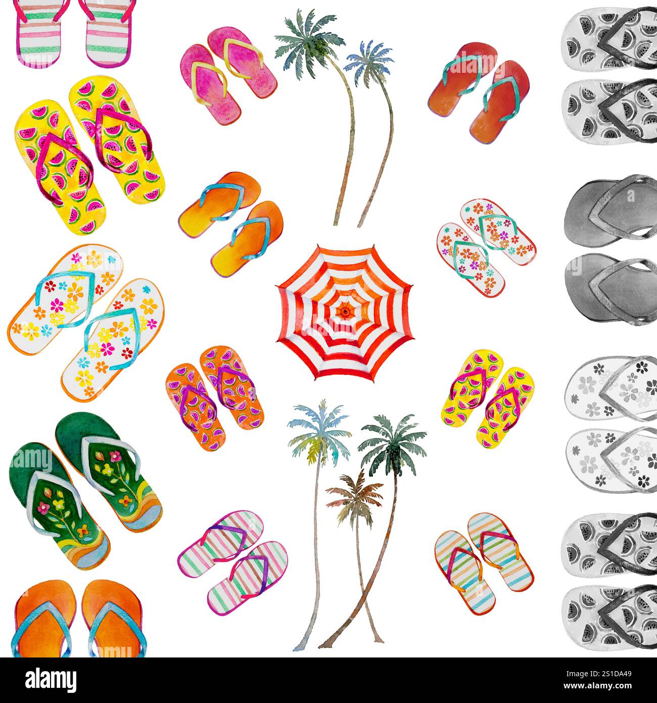 Sommerzeit mit Strandpantoffeln, Sonnenschirm, Kokospalmen. Aquarellgemälde Illustration von Paar Sandalen mit Muster auf weißem Hintergrund Collecti Stockfoto