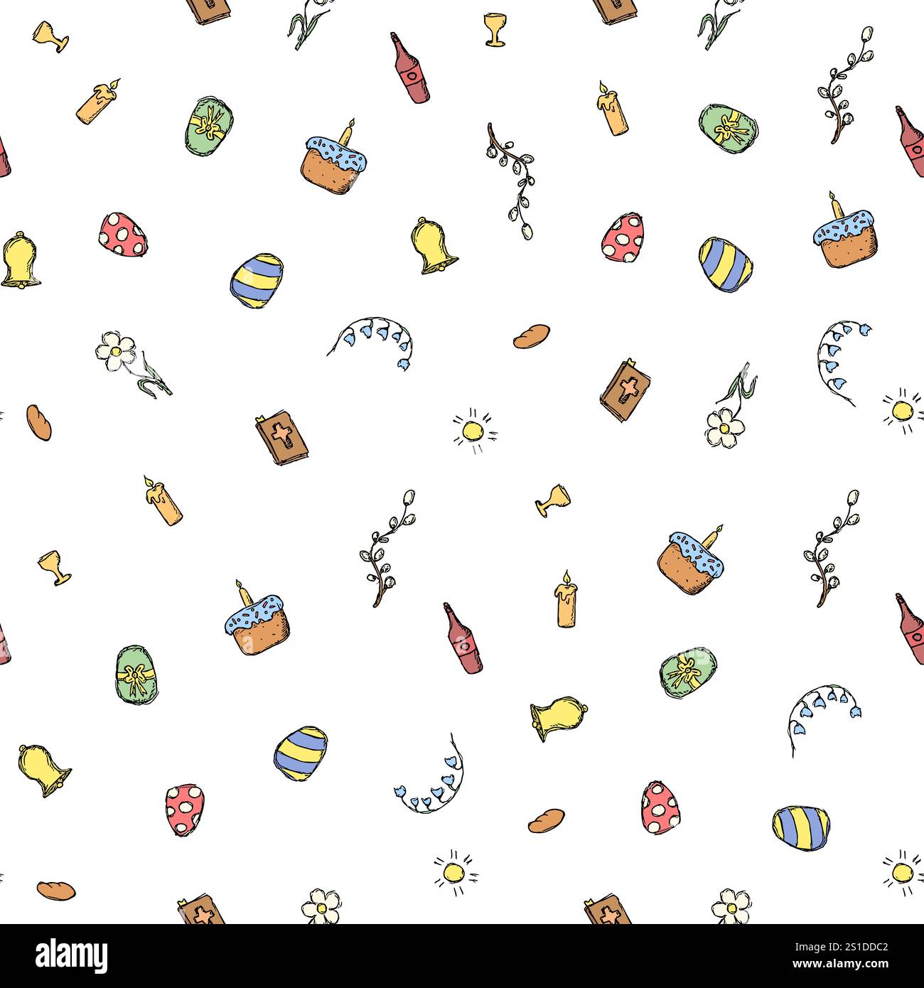 Nahtloses Ostermuster. Kritzelvektor ostern Hand gezeichneter Hintergrund Stockfoto