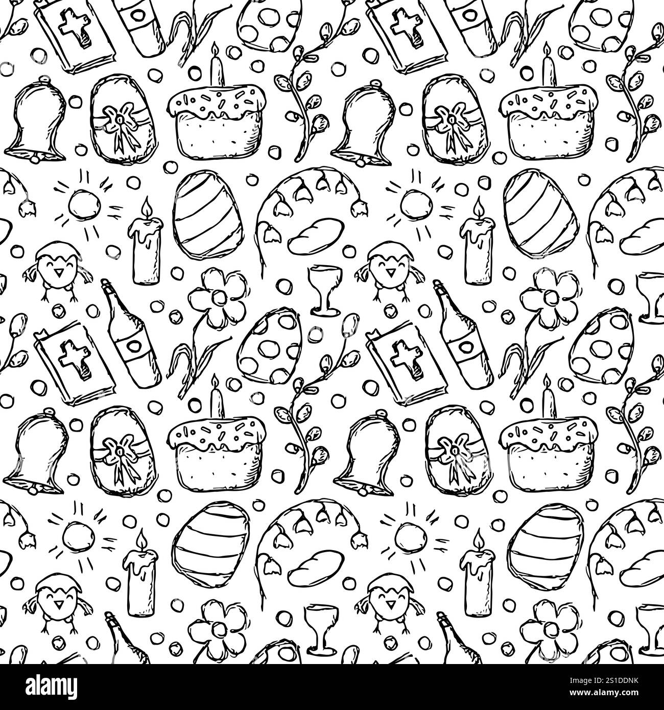 Nahtloses Ostermuster. Kritzelvektor ostern Hand gezeichneter Hintergrund Stockfoto