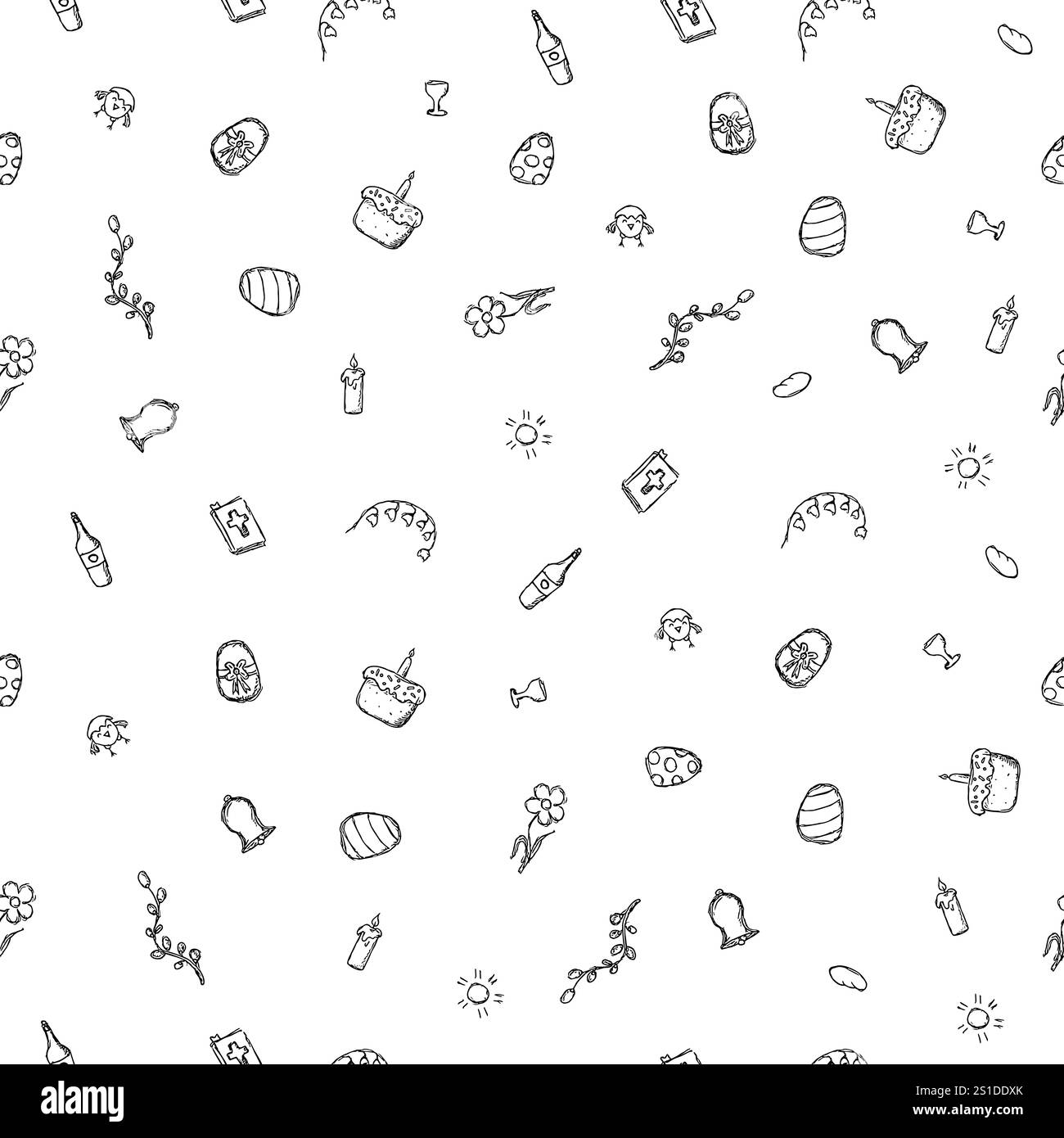 Nahtloses Ostermuster. Kritzelvektor ostern Hand gezeichneter Hintergrund Stockfoto