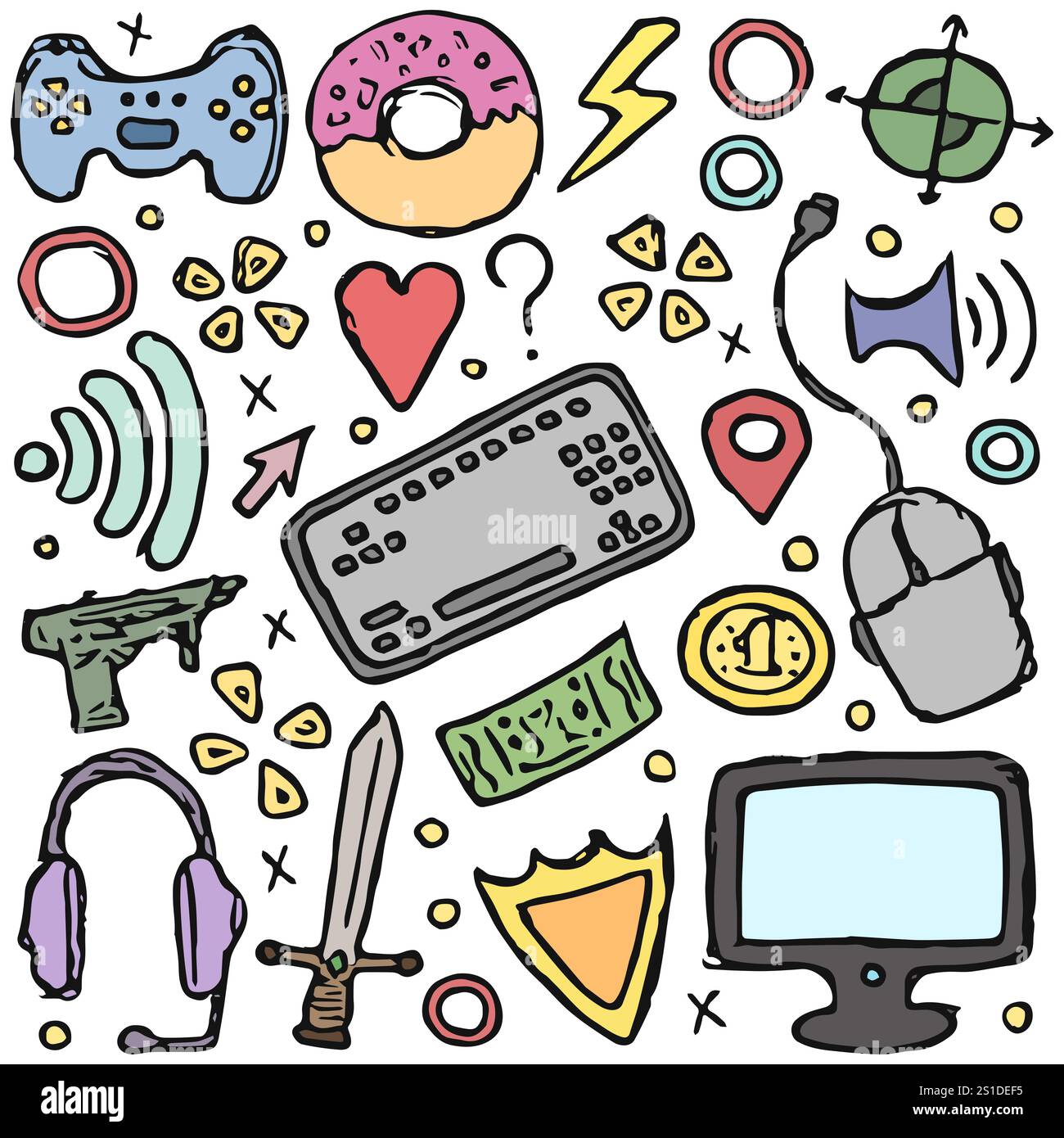 Legen Sie die Symbole für das Spielen fest. Handgezeichnete Doodle-Gaming-Illustration Stockfoto