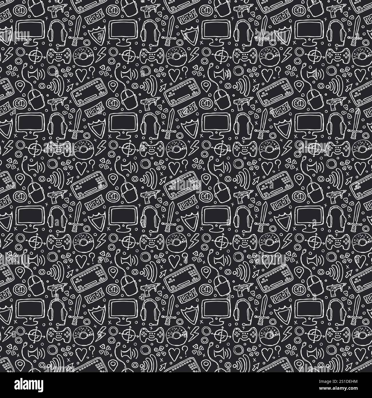 Nahtloses Gaming-Muster. Handgezeichneter Hintergrund für Spielsymbole Stockfoto