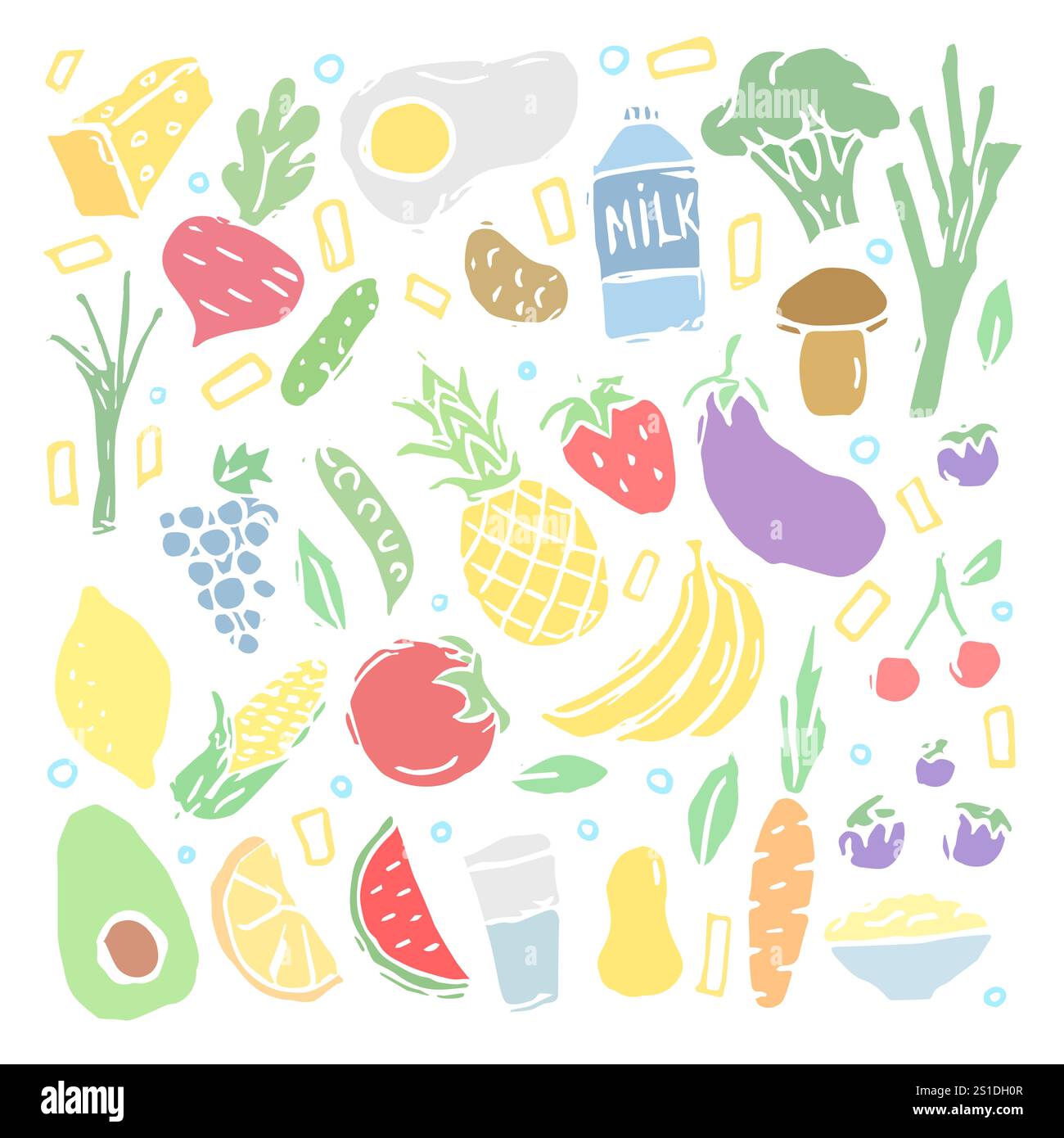 Symbole für gesunde Lebensmittel. Gezeichnet gesunde Lebensmittel Hintergrund Stockfoto