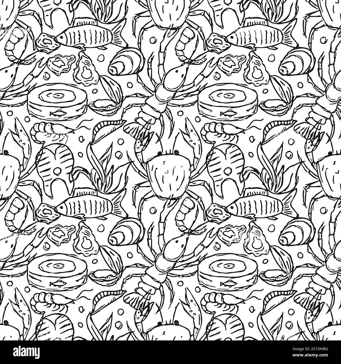 Nahtloses Meeresfrüchte-Muster. Handgezeichneter Meeresfrüchte-Hintergrund Stockfoto