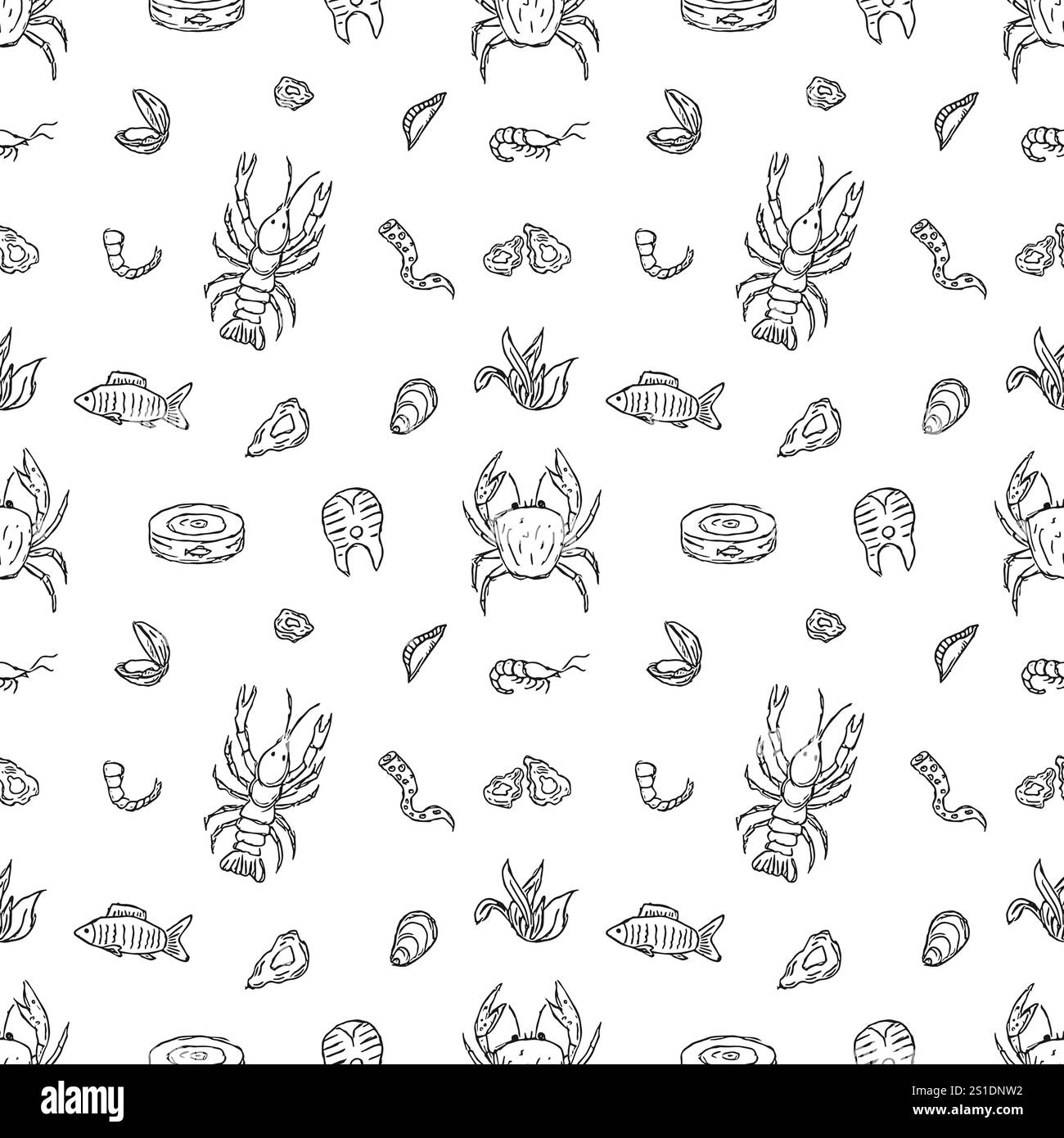 Nahtloses Meeresfrüchte-Muster. Handgezeichneter Meeresfrüchte-Hintergrund Stockfoto