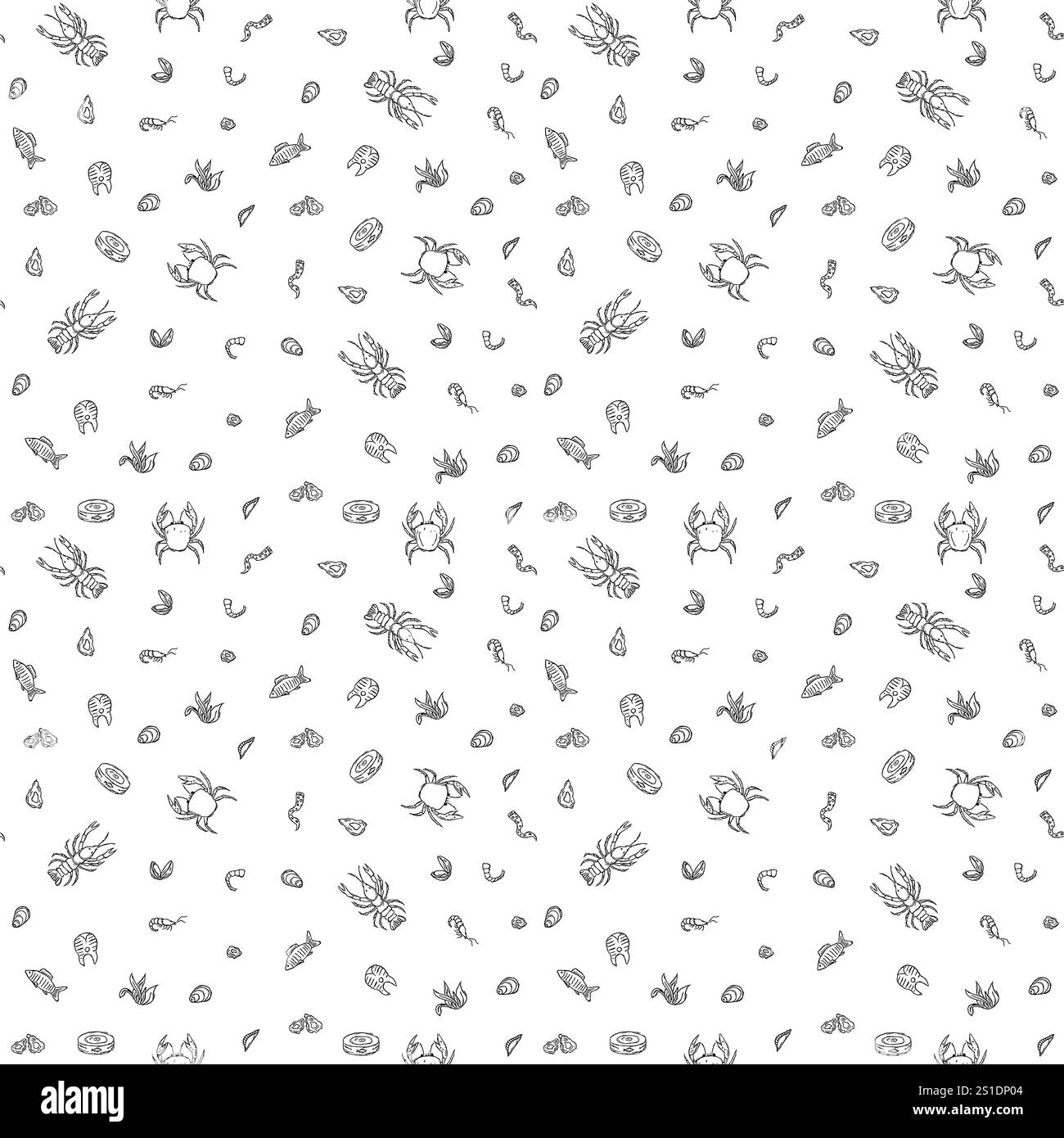 Nahtloses Meeresfrüchte-Muster. Handgezeichneter Meeresfrüchte-Hintergrund Stockfoto