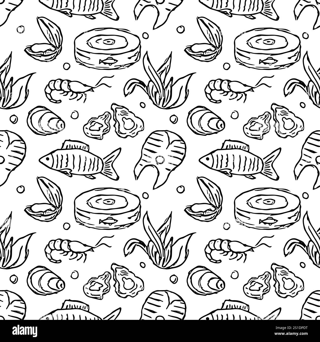 Nahtloses Meeresfrüchte-Muster. Handgezeichneter Meeresfrüchte-Hintergrund Stockfoto