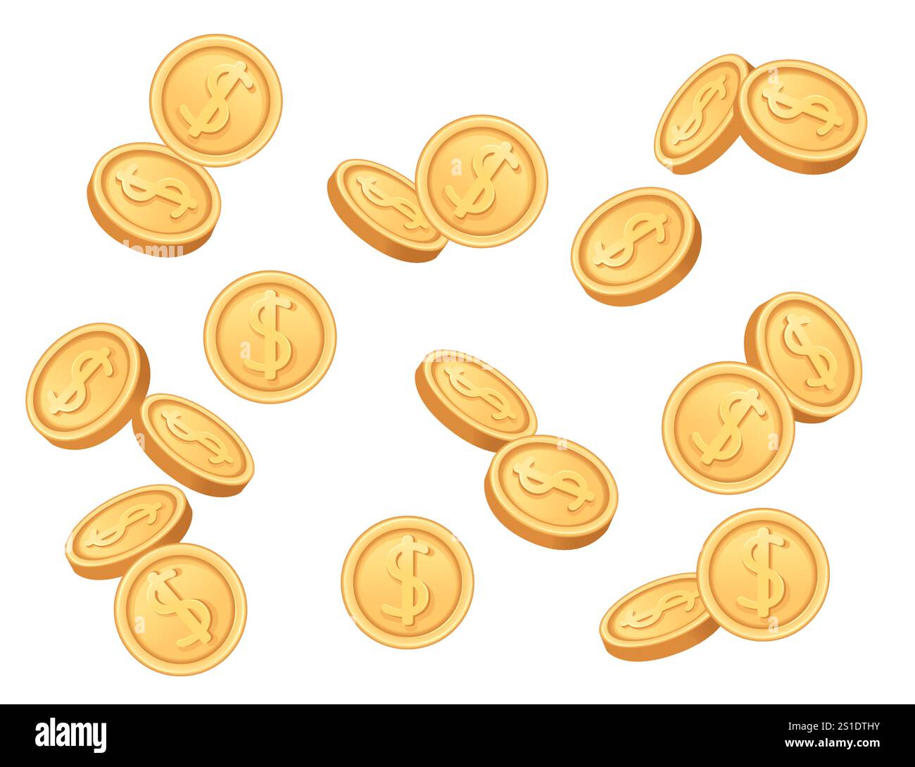 Goldmünzen verstreut. Regen von Münzen, symbolisiert Reichtum, Währung und Überfluss. Geeignet für Finanz-, Gaming- und investitionsbezogene Grafikfunktionen. Vec Stock Vektor