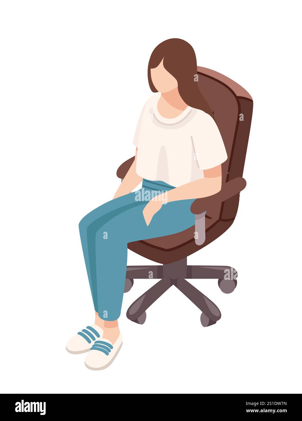 Isometrische Frau, die auf einem Bürostuhl sitzt, mit einem nachdenklichen Ausdruck, der Fokus oder Kontemplation symbolisiert. Geeignet für Arbeitsplatz, Entscheidungsfindung, Stock Vektor