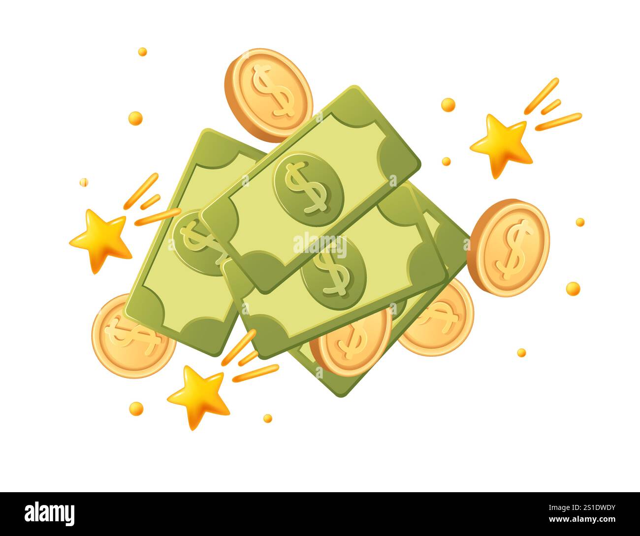 Fliegende grüne Dollars mit goldenen Münzen. Goldene, scheiternde Sterne und Funken. Vektorillustration isoliert auf weißem Hintergrund. Stock Vektor