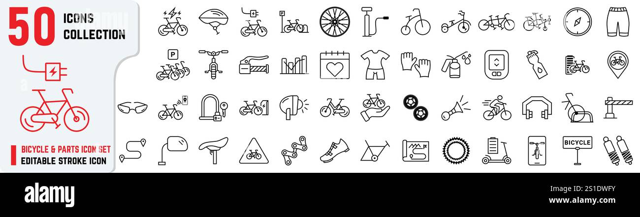 Ein Satz von bearbeitbaren Symbolen für Fahrrad und Teile umfasst auch Reparatur, Laden, Wartung, Spiegel, Hupe, Bremssymbole. 50+ dünne Symbole für Elektrofahrräder Stock Vektor