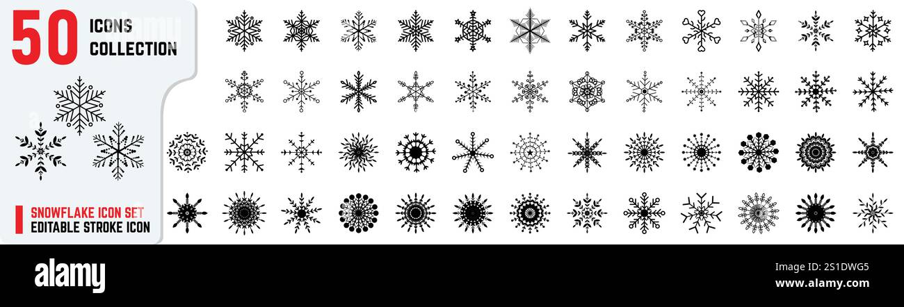 Set mit mehr als 50 bearbeitbaren Stroke Snowflake Icons Winter, Feiertage, Weihnachten Neujahr Design Kollektion, Snowflake Thin Line Icons Kollektion Stock Vektor