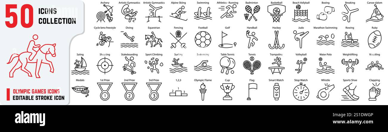 Zu den bearbeitbaren Schlagsymbolen für Sportspiele gehören Sportler, Laufen, Schwimmen, Basketball, Boxen, Ski, Sports 50+ dünne Icon-Kollektionen Stock Vektor
