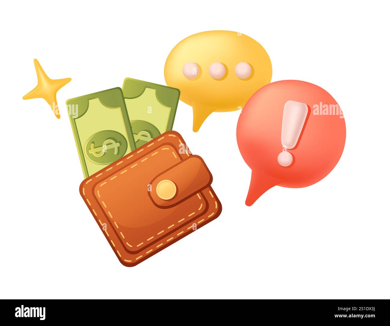 Ledergeldbörse mit Dollars mit Glitzer und Sprechblasen. Einfaches Zeichentrickdesign. Vektorillustration isoliert auf weißem Hintergrund. Stock Vektor