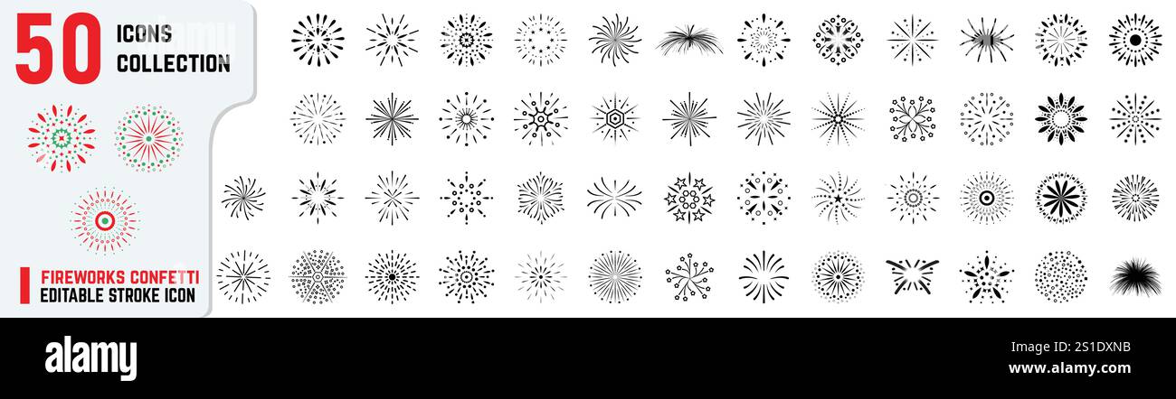 Set mit mehr als 50 Feuerwerk und Konfetti-Symbol. Dieses Set umfasst einzelne Explosionen bis hin zu mehrschichtigen Explosionen, wobei jedes Symbol einzigartige Muster und Formen aufweist Stock Vektor